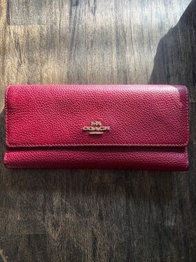 Coach Pebbled Leather Wallet in Rich Red with Gold Logo